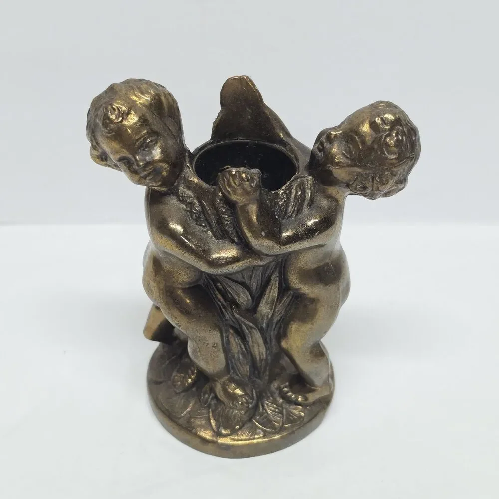 Vintage Metal Bronze Brass Cherub Cupid Gold Tone Candle Stick Holder Romantic